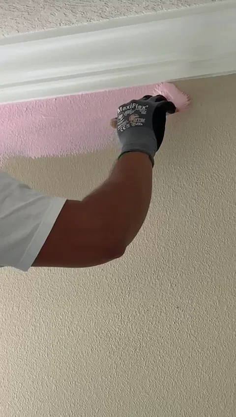 Brush cutting in along white crown molding