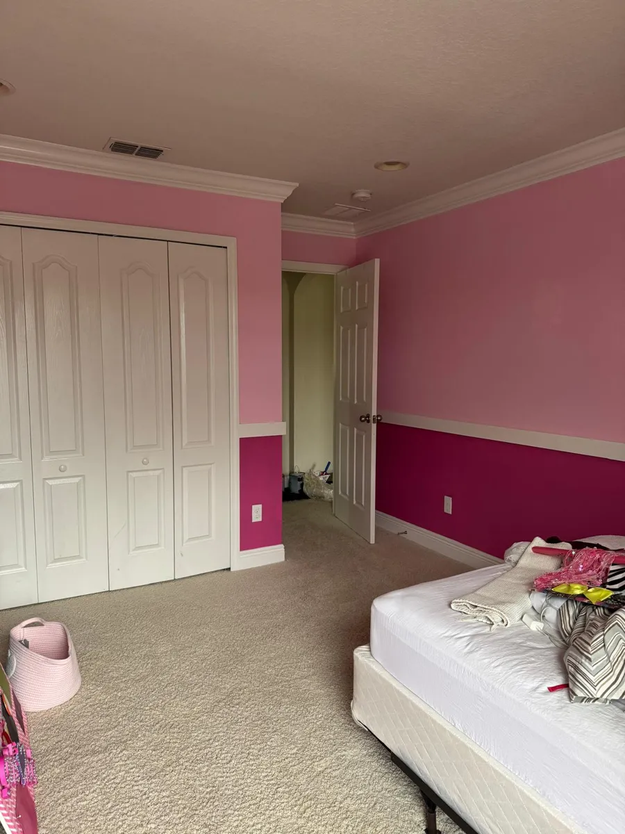 Finished closet wall with bright white doors and trim